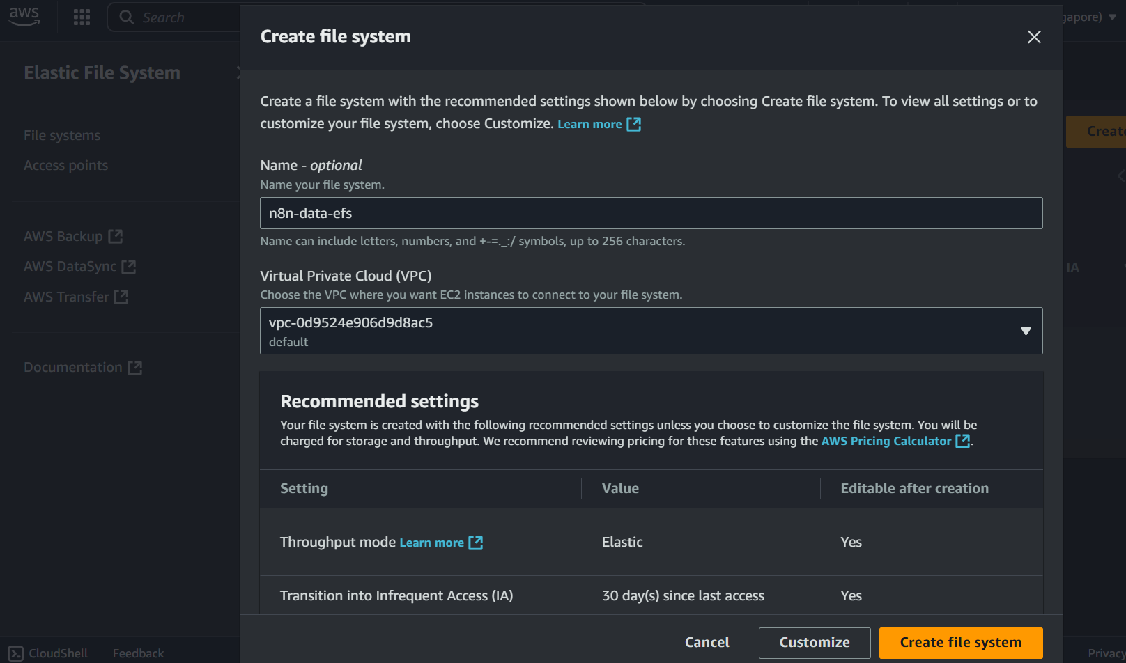 EFS creation step 2